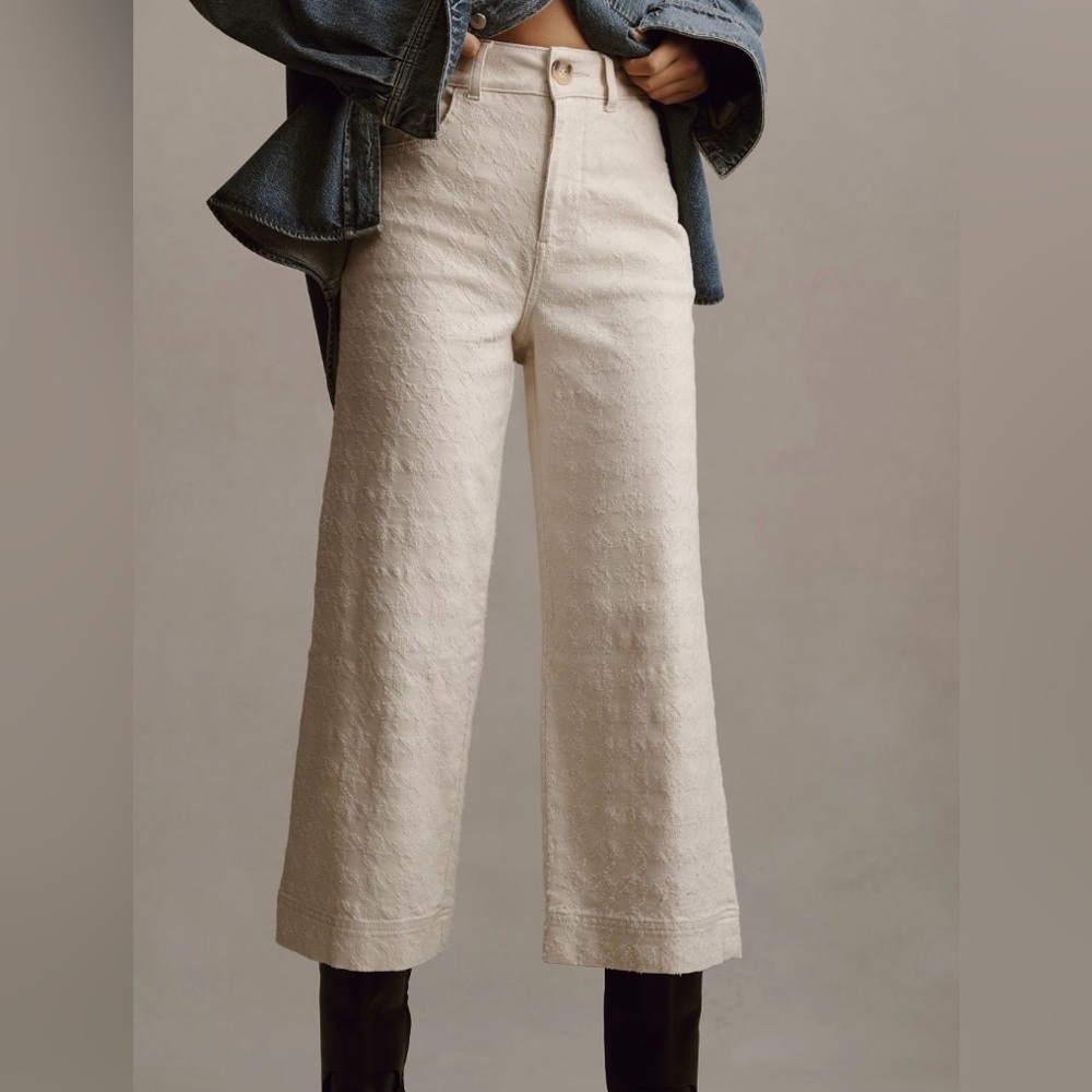 NWT Anthro Pilcro The Skipper High-Rise Crop Wide-Leg Jeans 28 Cream Houndstooth - Picture 2 of 12